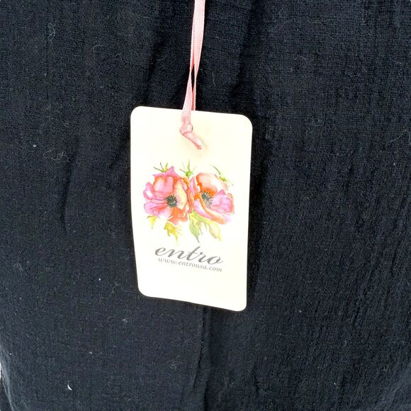 Entro Short Sleeve Top MEDIUM Fringe Trim Black Cotton V-Neck Boho Aztec Rainbow - Picture 10 of 14